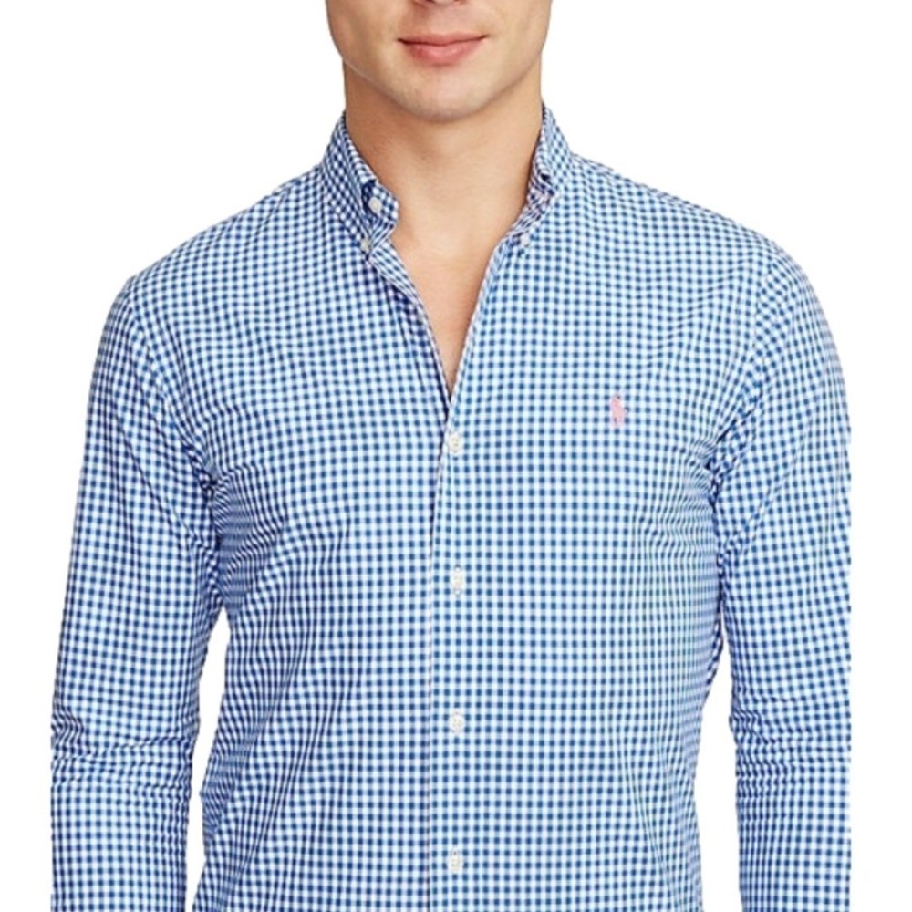 Ralph Lauren Mens L Button Down Shirt Gingham Check Long Sleeve Blue White